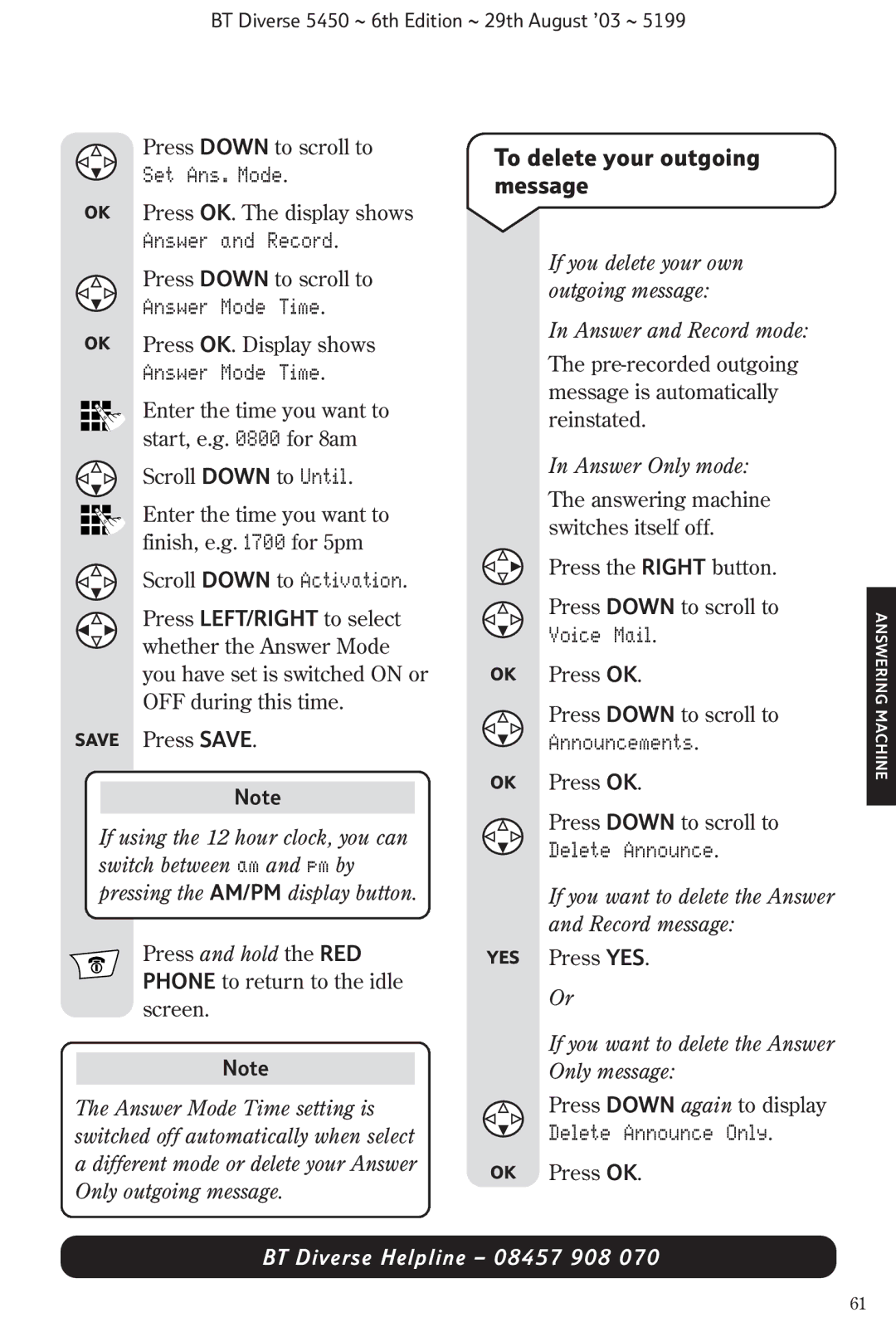 BT BT Diverse 5450 manual To delete your outgoing message, Set Ans. Mode, Answer Mode Time, Delete Announce 