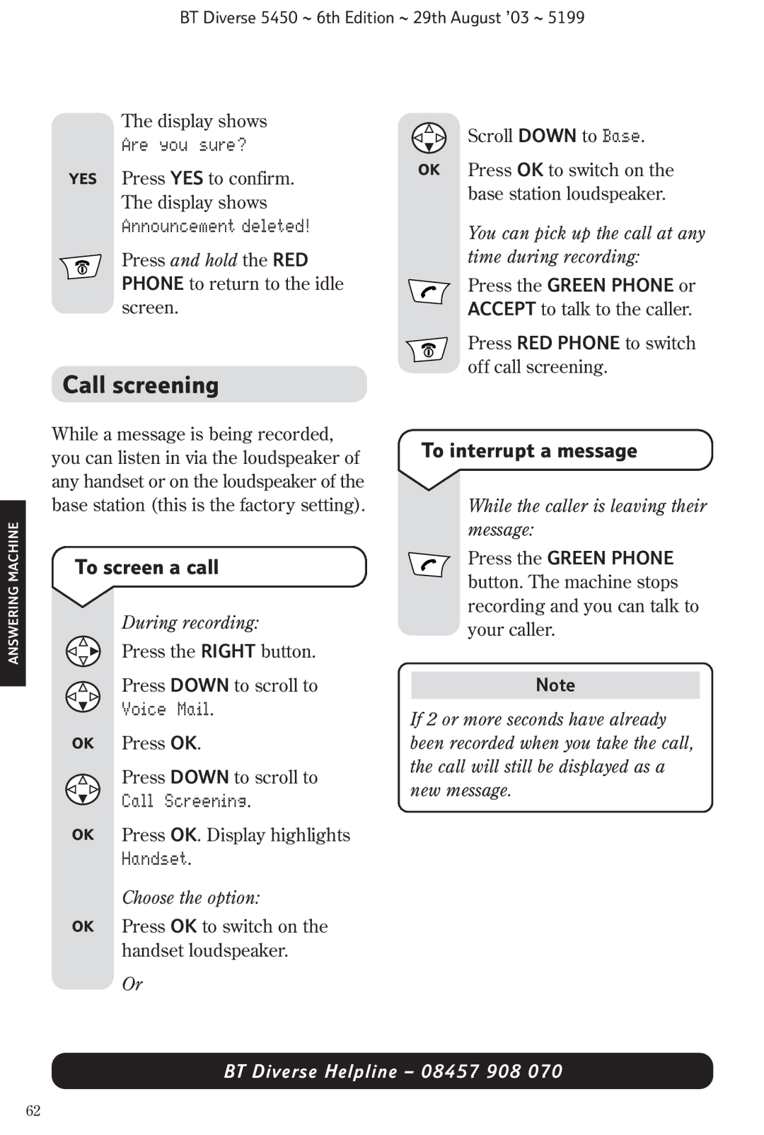 BT BT Diverse 5450 manual Call screening, To screen a call, To interrupt a message 