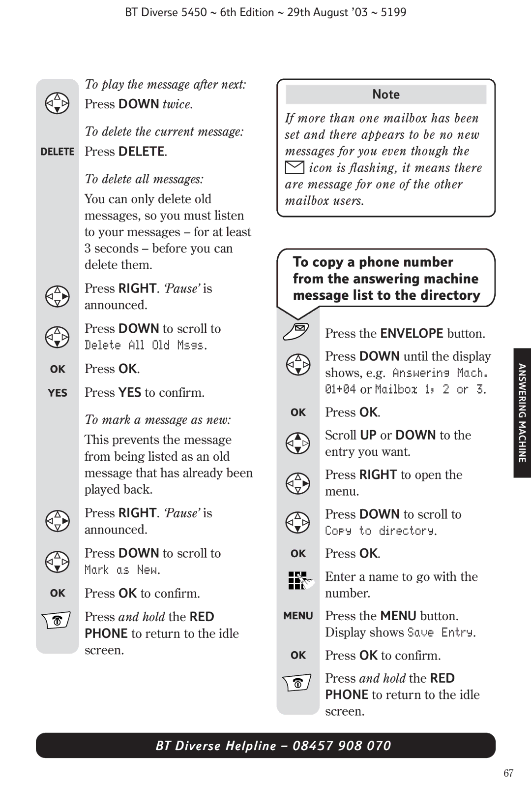 BT BT Diverse 5450 manual To play the message after next, To delete the current message, To delete all messages 