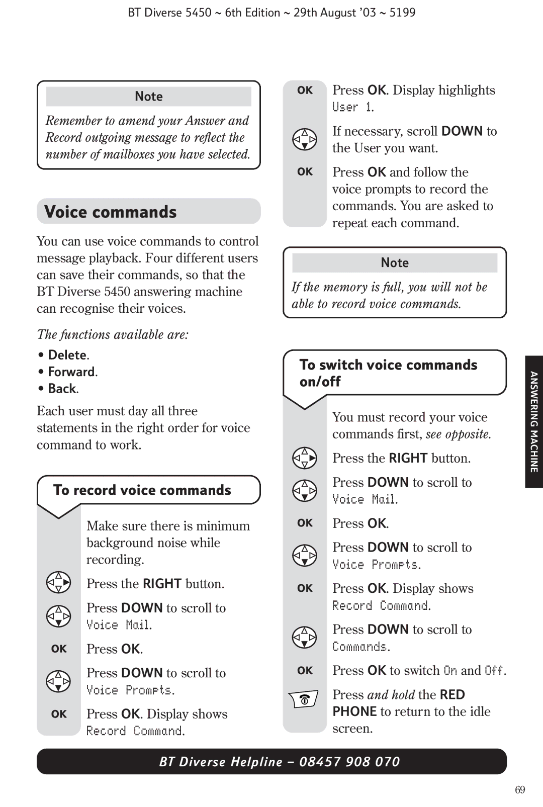 BT BT Diverse 5450 manual Voice commands, To record voice commands, To switch voice commands on/off 