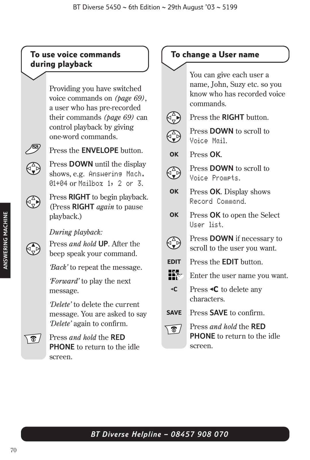 BT BT Diverse 5450 manual To change a User name, To use voice commands during playback, During playback 