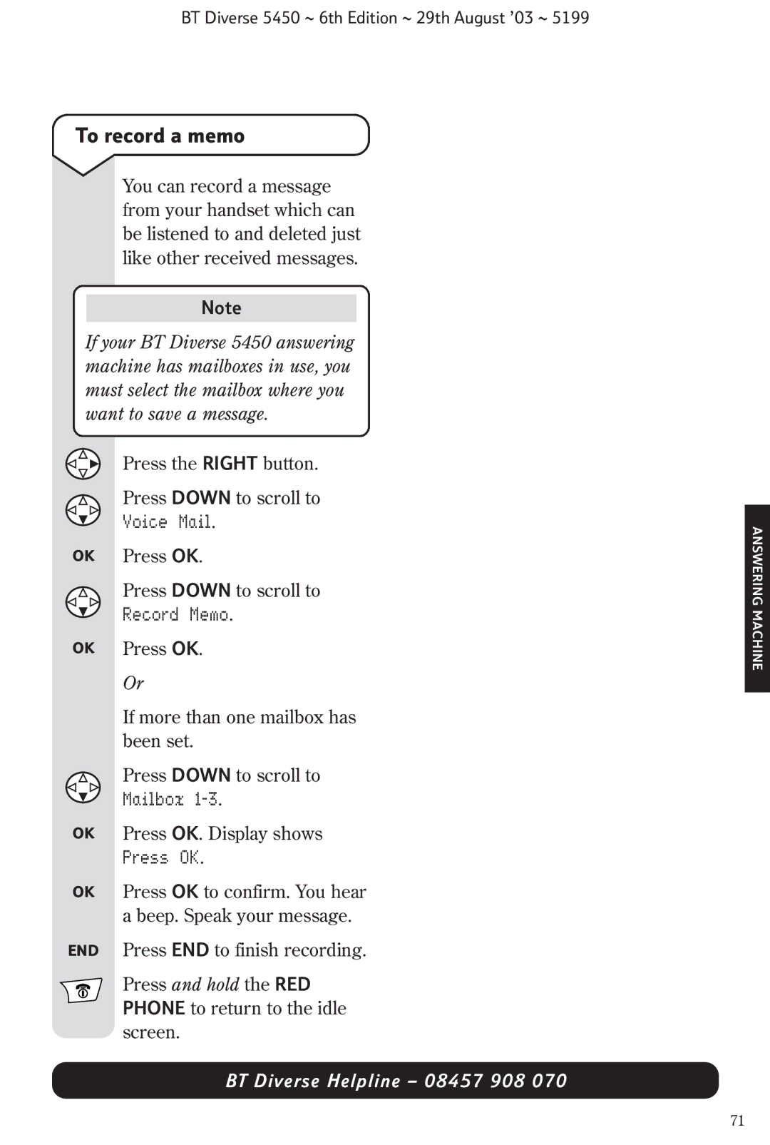 BT BT Diverse 5450 manual To record a memo, Record Memo, Mailbox, Press OK 