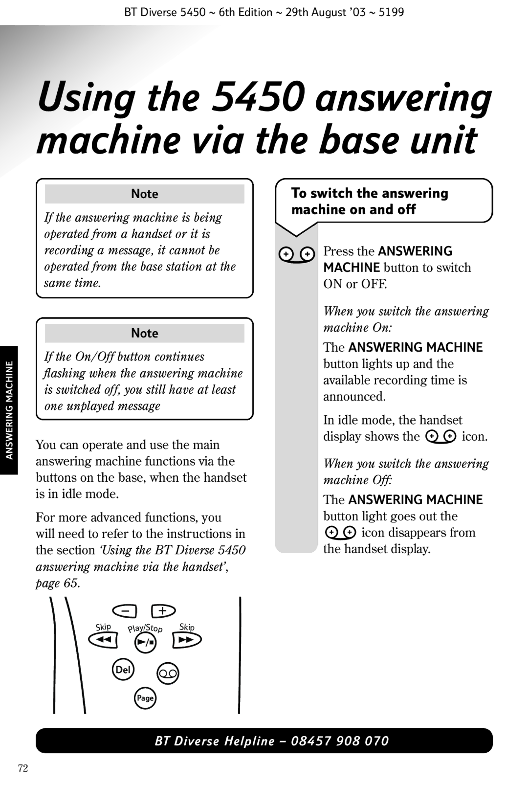 BT BT Diverse 5450 To switch the answering machine on and off, When you switch the answering machine On, Answering Machine 