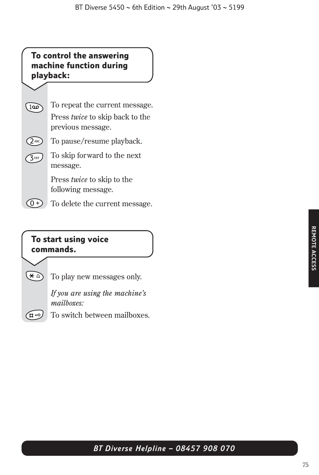 BT BT Diverse 5450 manual To start using voice commands, If you are using the machine’s mailboxes 