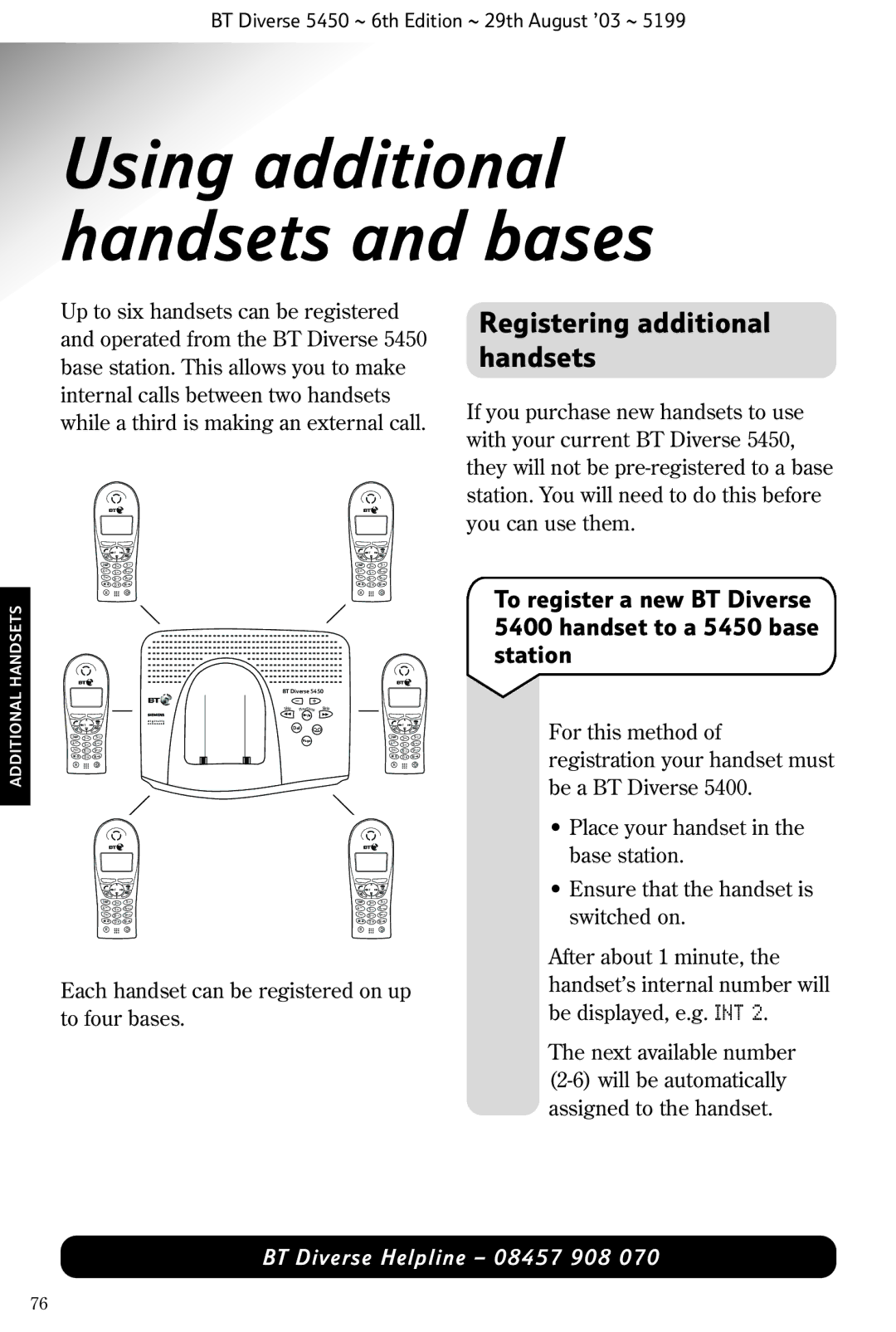 BT BT Diverse 5450 manual Using additional handsets and bases, Registering additional handsets 