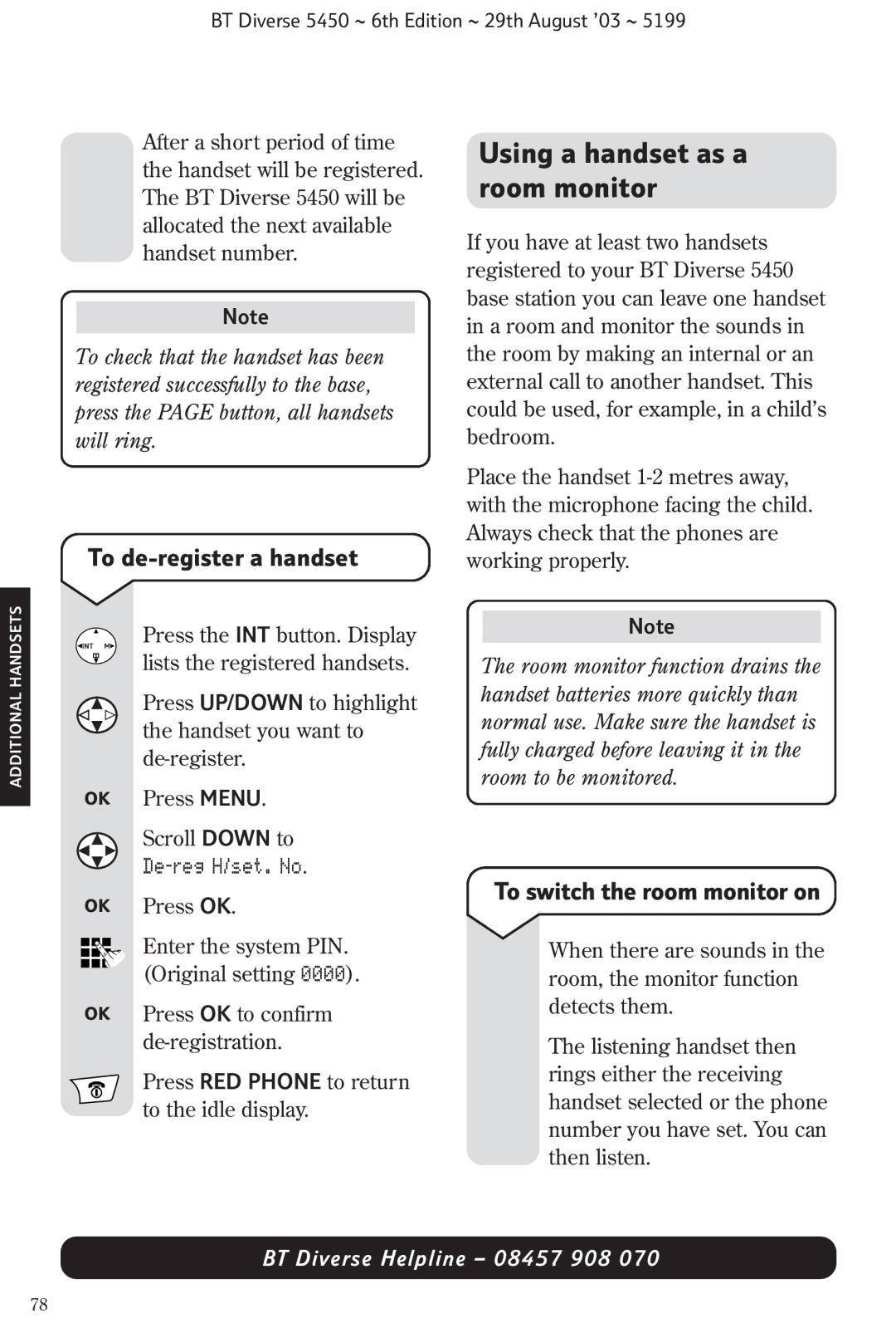 BT BT Diverse 5450 manual Using a handset as a room monitor, To de-register a handset, To switch the room monitor on 