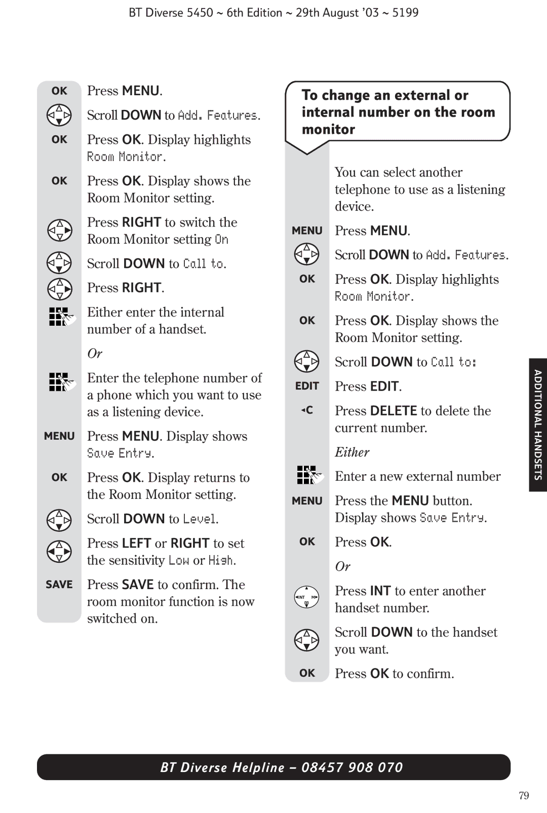BT BT Diverse 5450 manual Scroll Down to Add. Features, Room Monitor, Either 