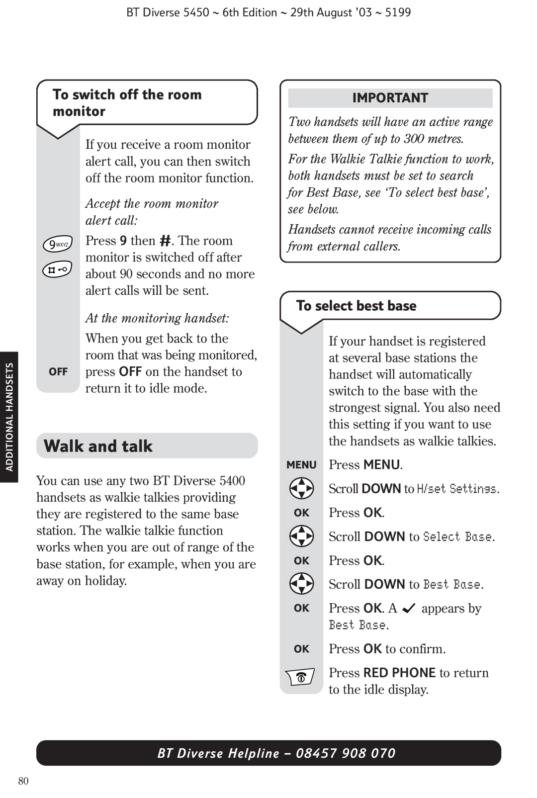 BT BT Diverse 5450 manual Walk and talk, To switch off the room monitor, To select best base, Scroll Down to H/set Settings 