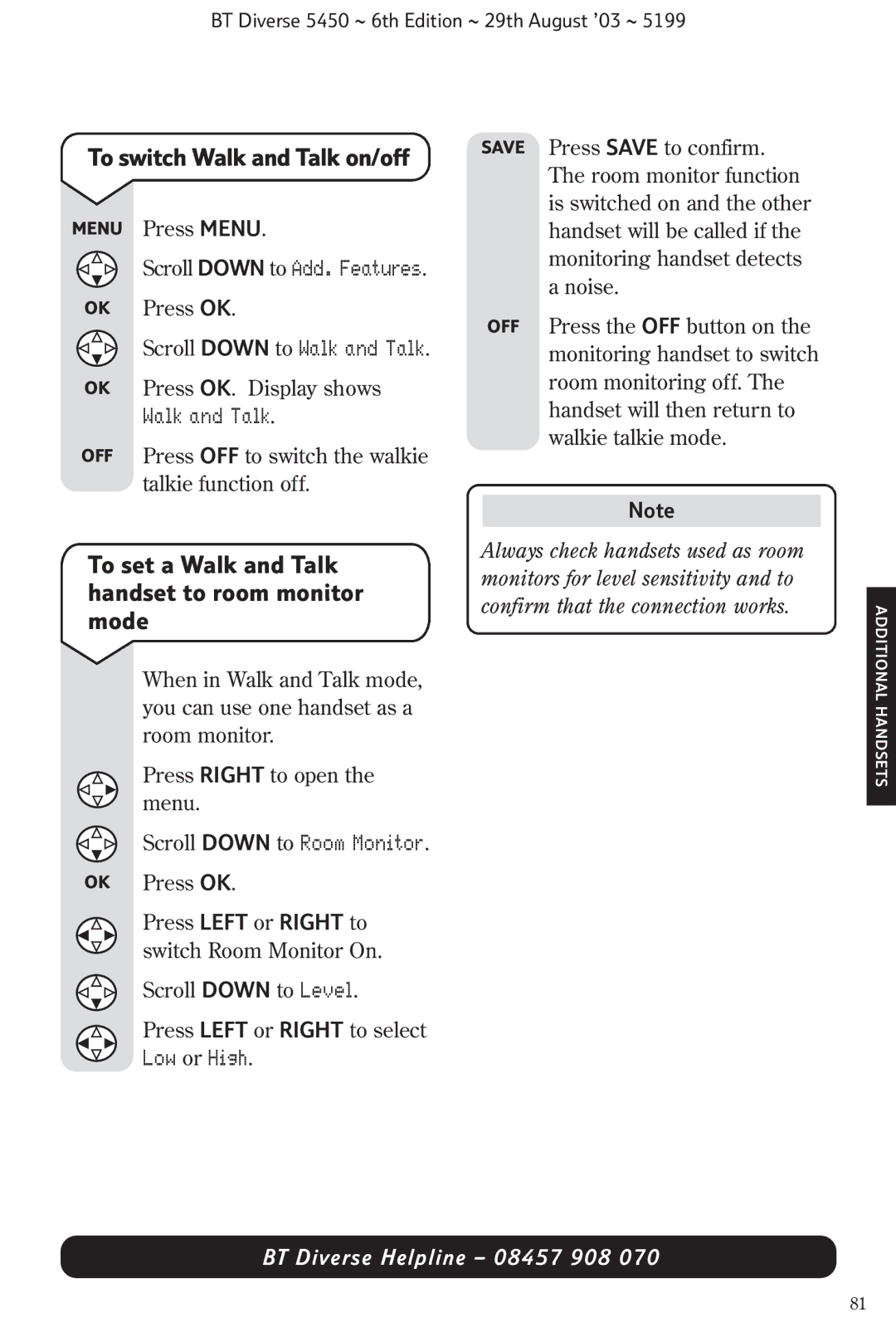 BT BT Diverse 5450 manual To switch Walk and Talk on/off, To set a Walk and Talk handset to room monitor mode, Low or High 