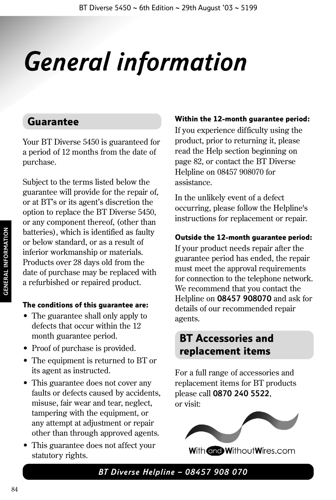 BT BT Diverse 5450 manual General information, Guarantee, BT Accessories and replacement items 