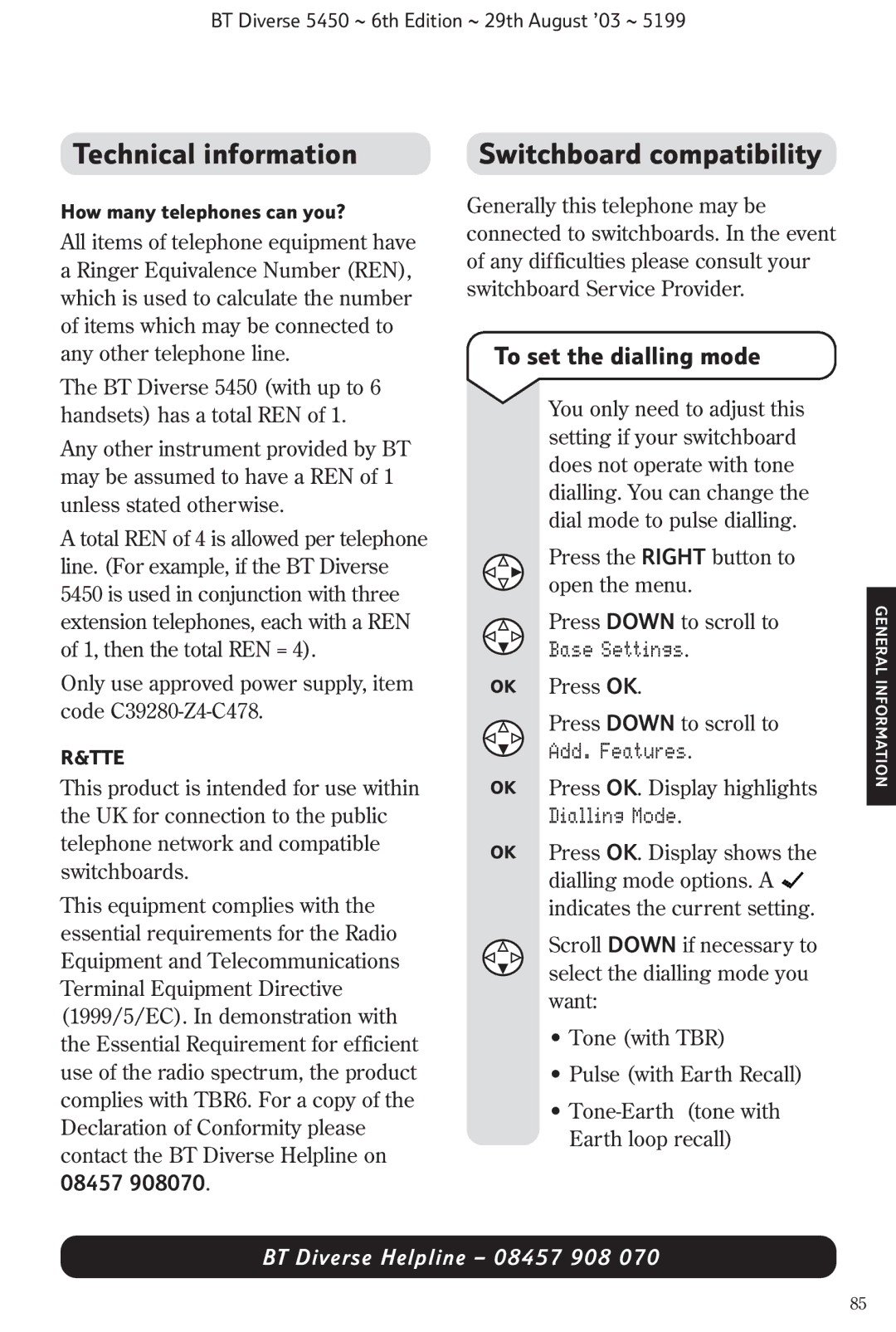 BT BT Diverse 5450 manual Technical information, Switchboard compatibility, To set the dialling mode, Add. Features 