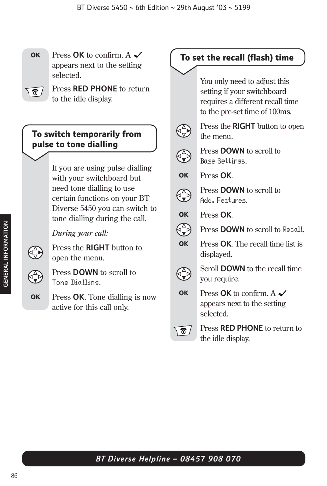 BT BT Diverse 5450 manual To switch temporarily from pulse to tone dialling, To set the recall flash time, Tone Dialling 