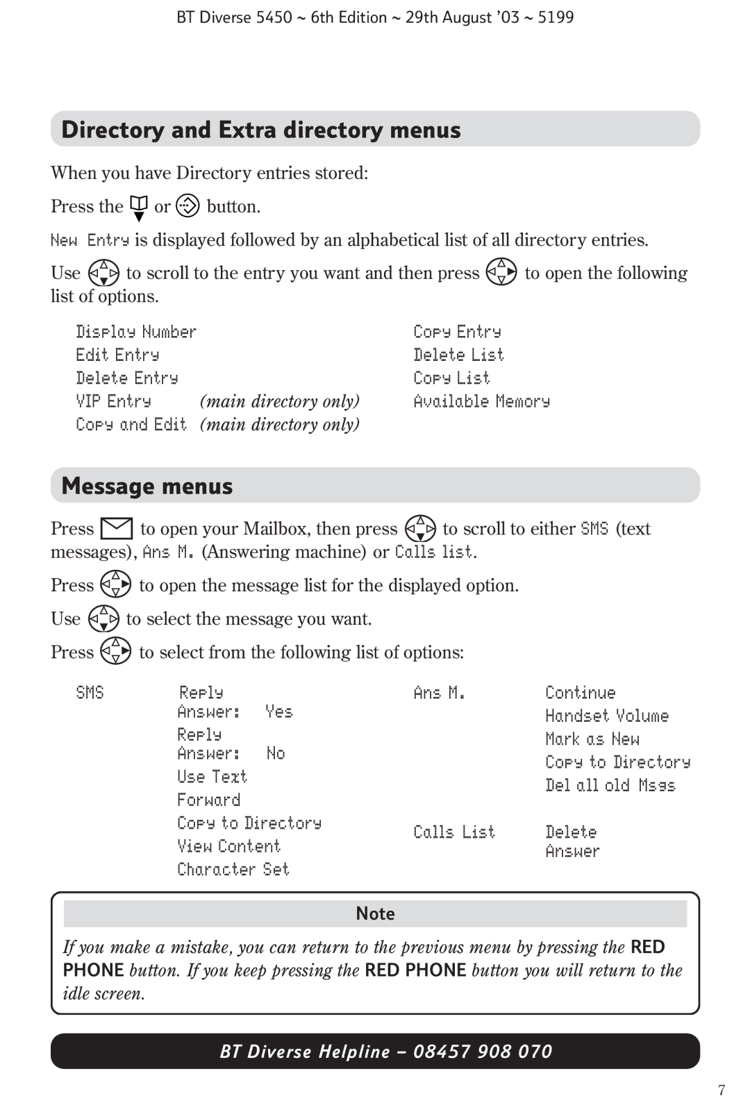 BT BT Diverse 5450 manual Directory and Extra directory menus, Message menus 