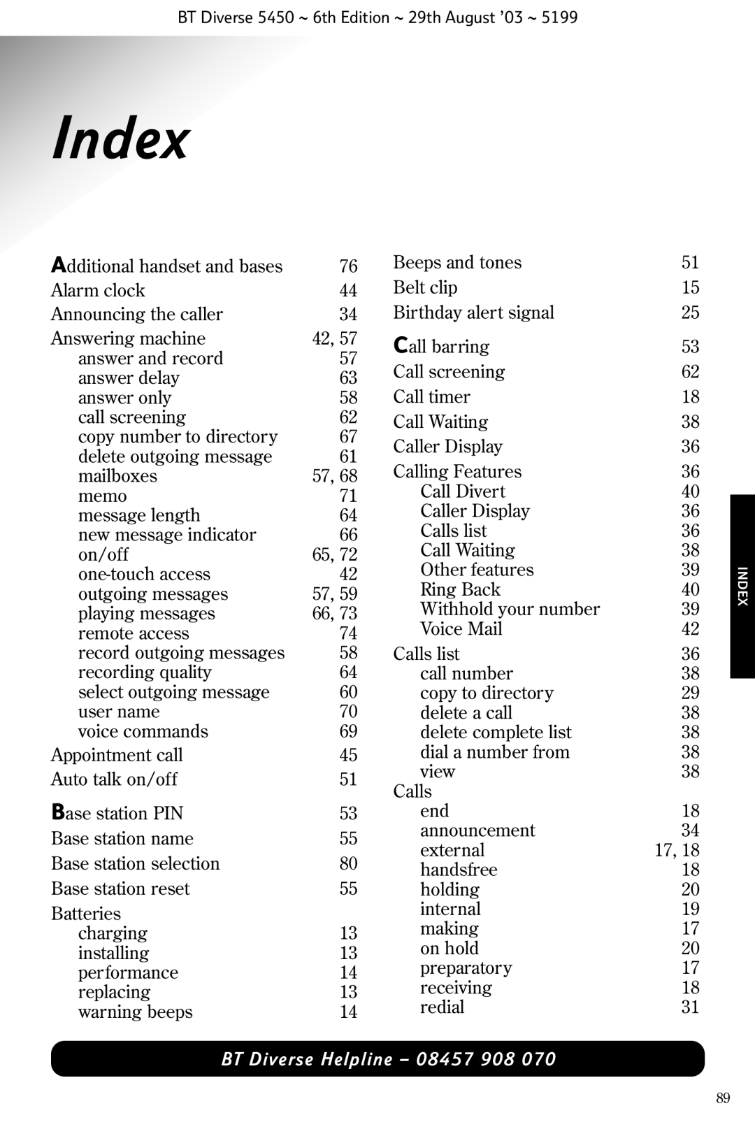 BT BT Diverse 5450 manual Index 