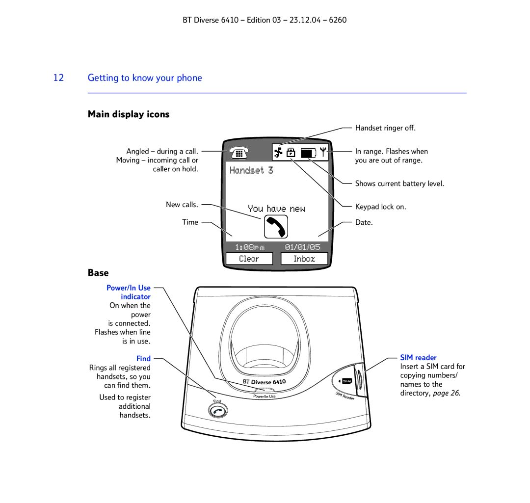 BT BT DIVERSE 6410 manual Getting to know your phone, Main display icons, Base 