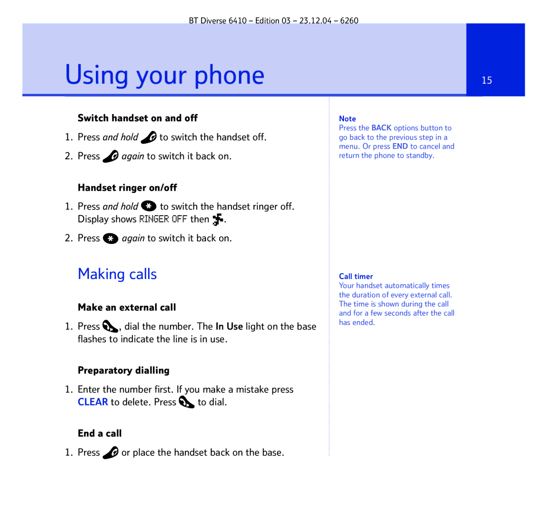 BT BT DIVERSE 6410 manual Using your phone, Making calls 