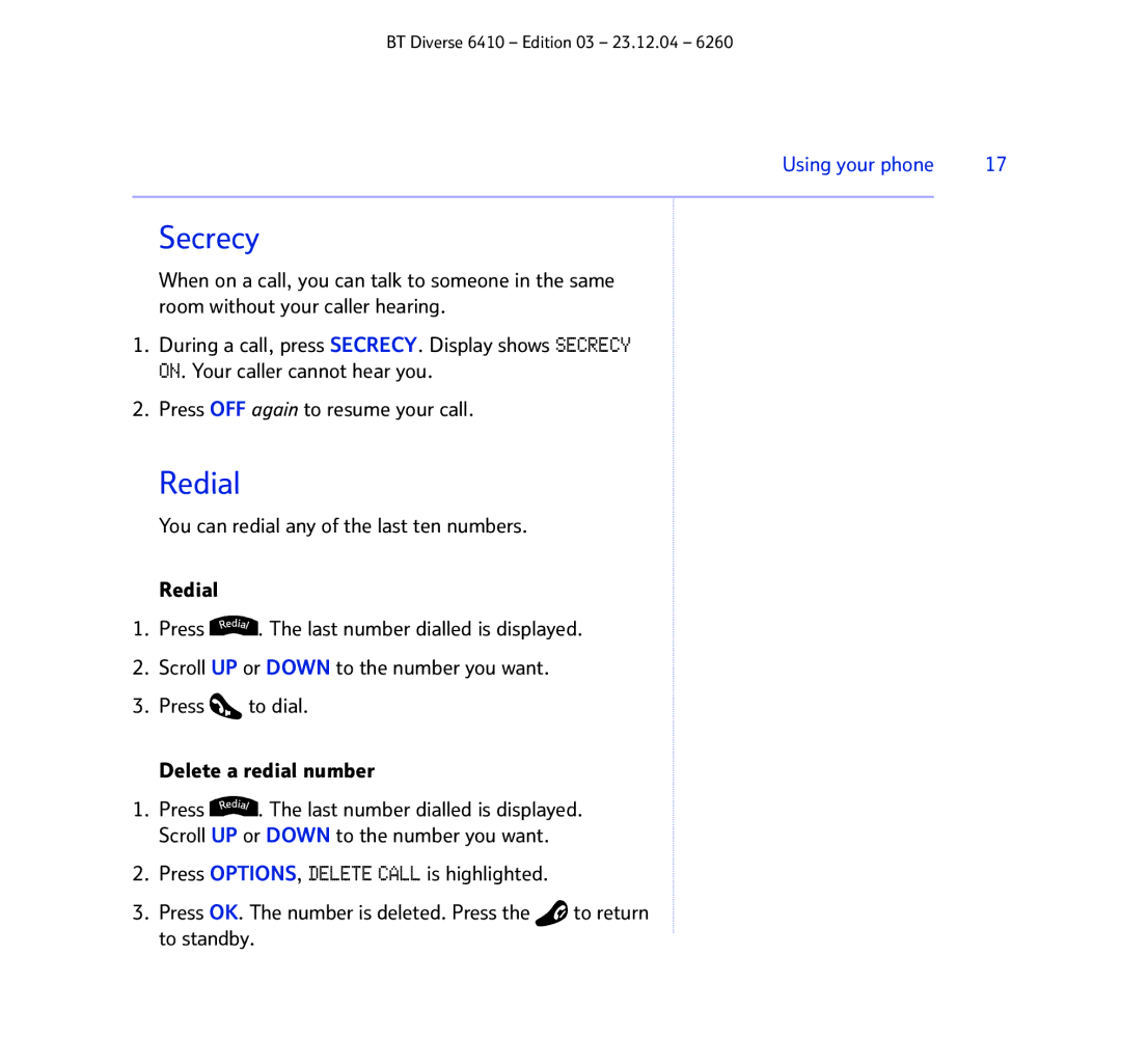 BT BT DIVERSE 6410 manual Secrecy, Redial 