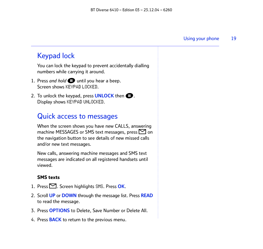 BT BT DIVERSE 6410 manual Keypad lock, Quick access to messages 