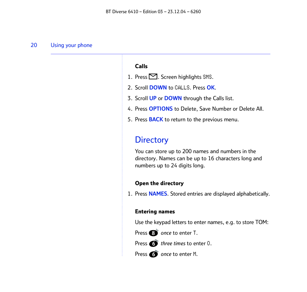 BT BT DIVERSE 6410 manual Directory 