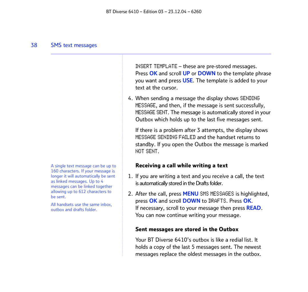 BT BT DIVERSE 6410 manual SMS text messages, Outbox which holds up to the last five messages sent 