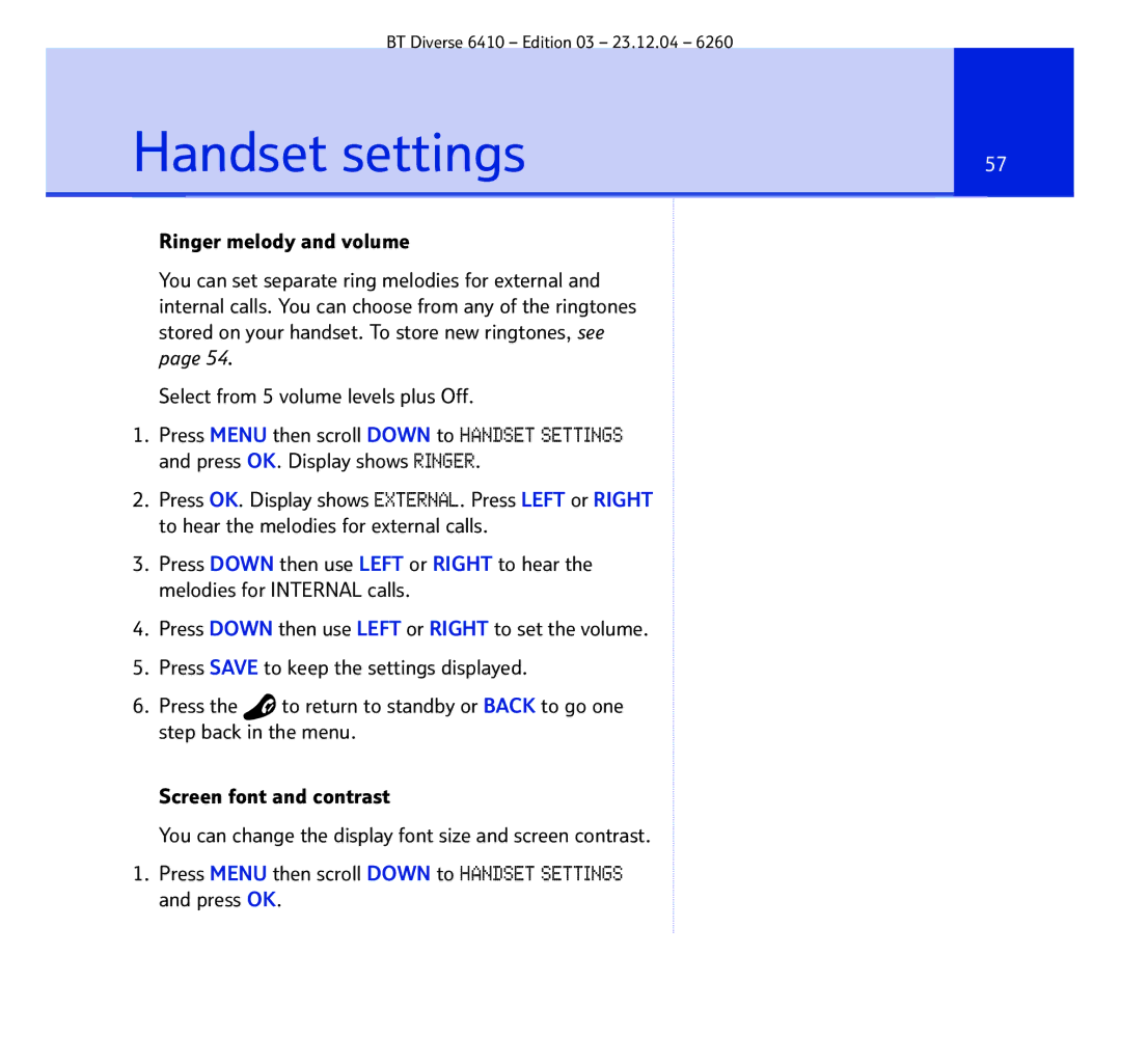 BT BT DIVERSE 6410 manual Handset settings, Ringer melody and volume, Select from 5 volume levels plus Off 