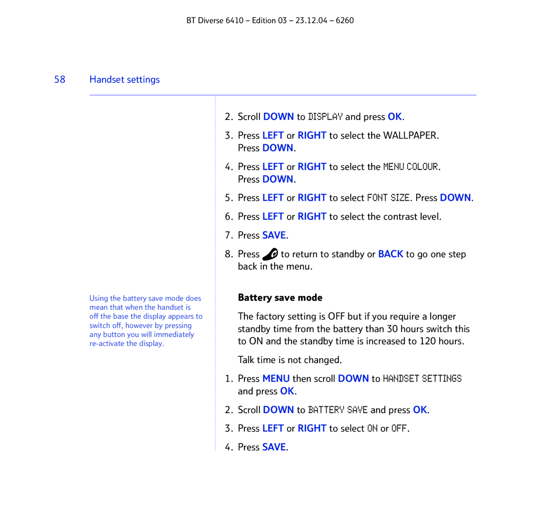 BT BT DIVERSE 6410 manual Handset settings 