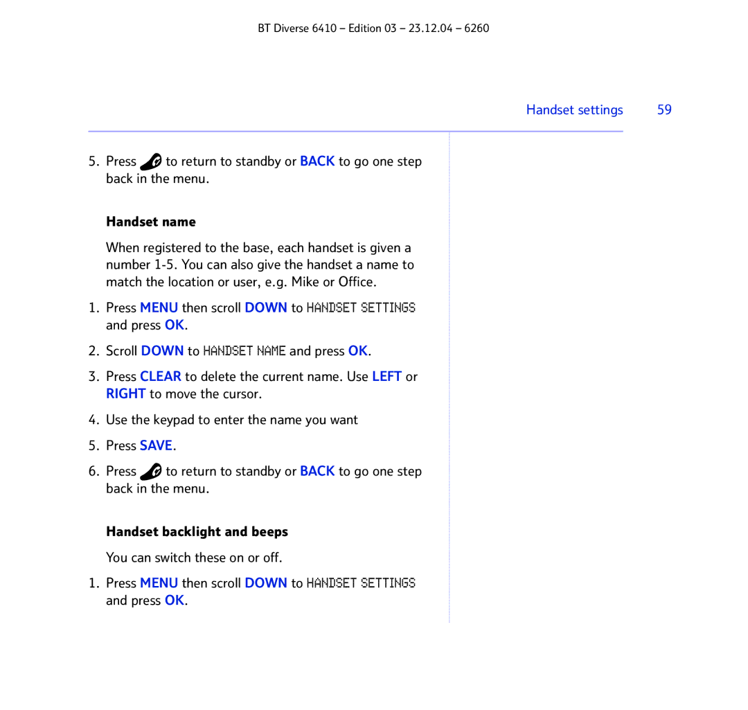 BT BT DIVERSE 6410 manual Handset settings 