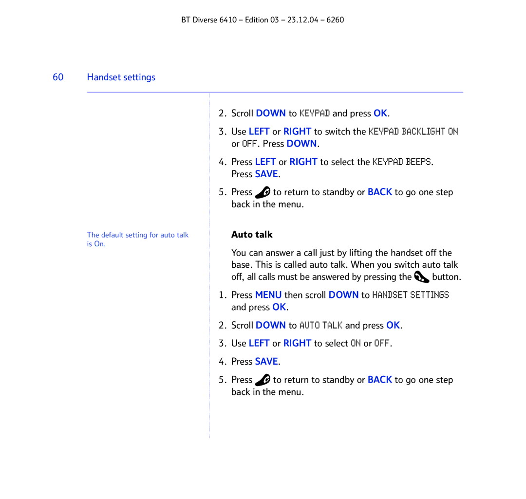 BT BT DIVERSE 6410 manual Scroll Down to Keypad and press OK, Auto talk 