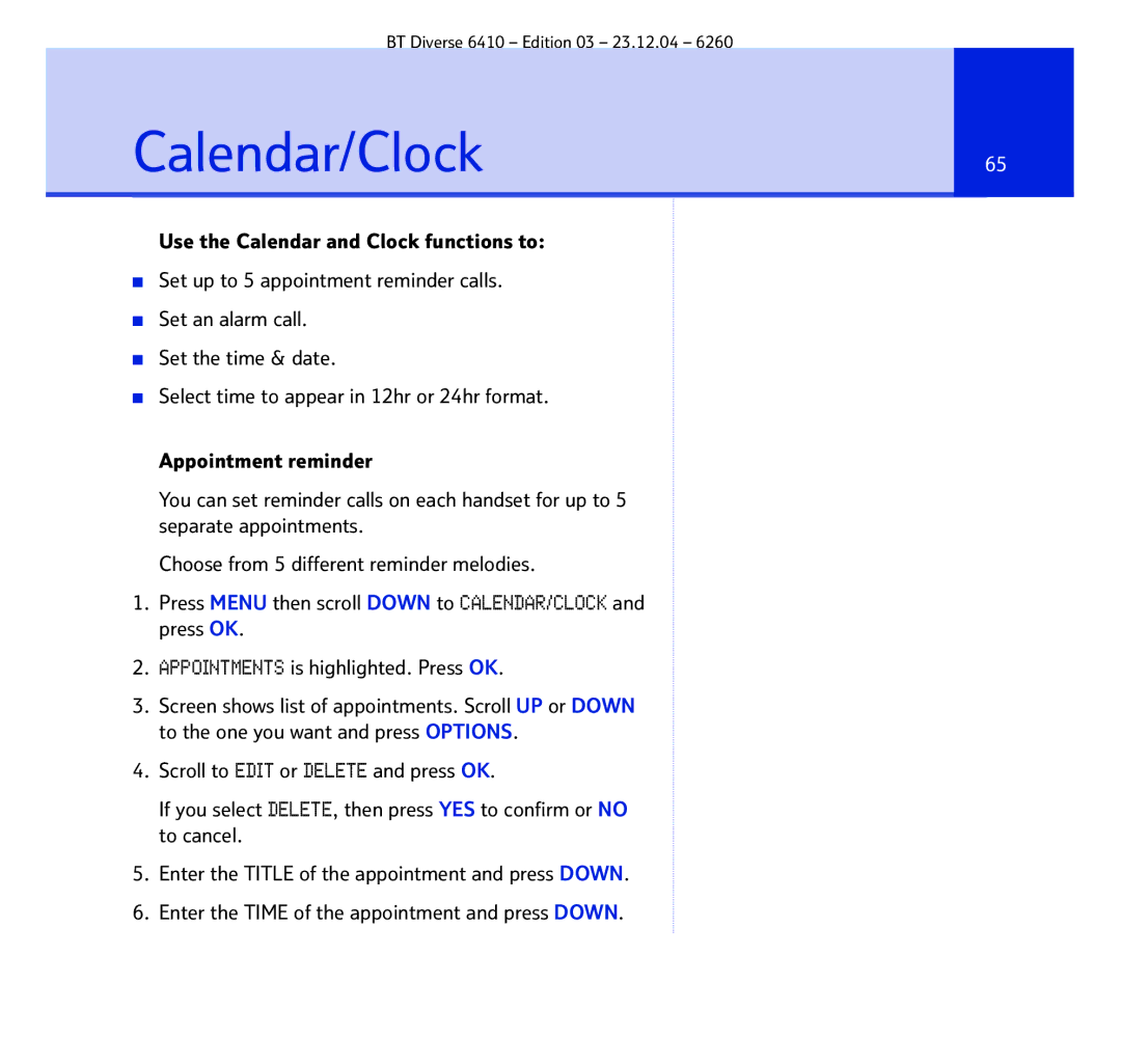 BT BT DIVERSE 6410 manual Calendar/Clock65 