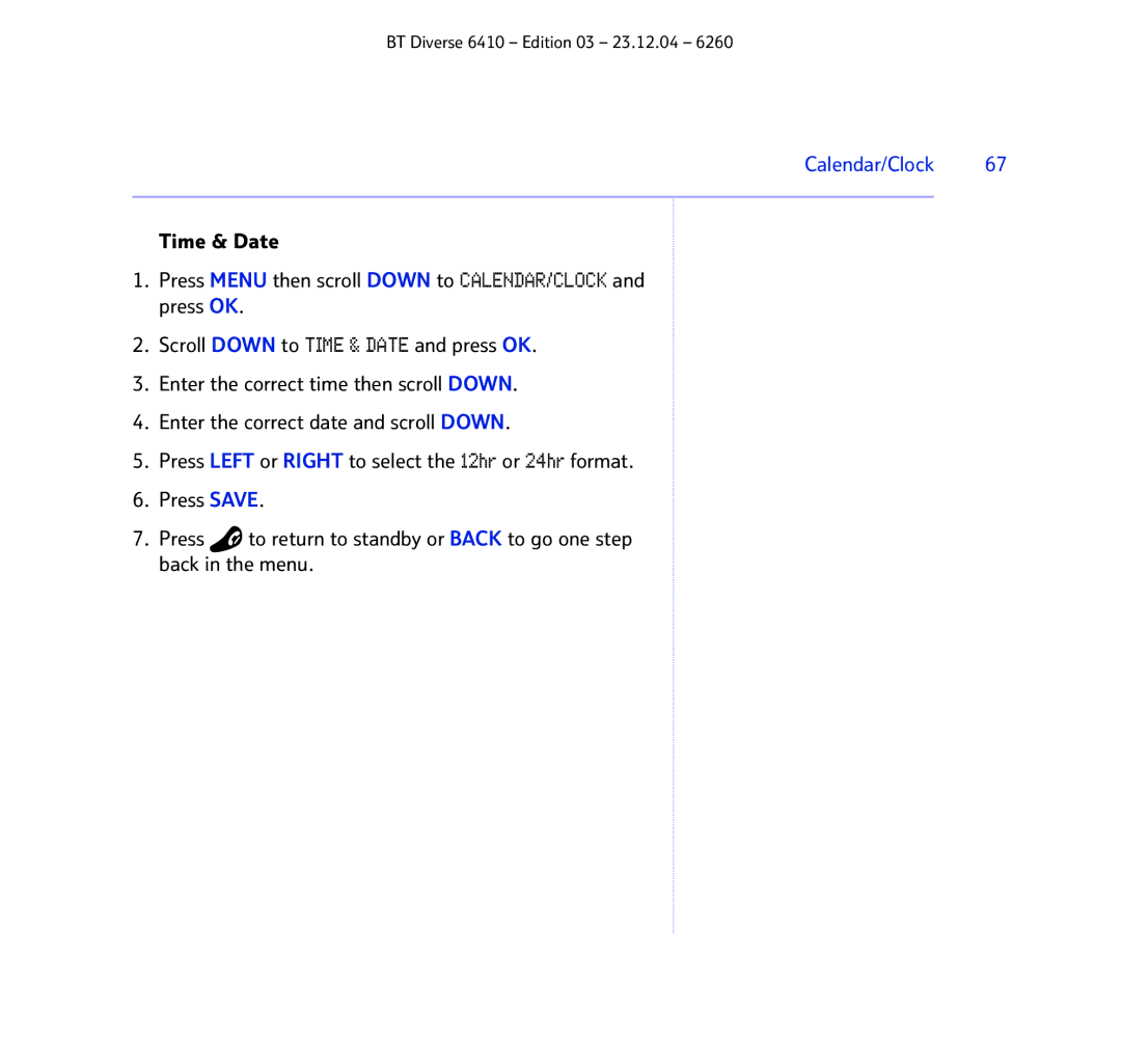 BT BT DIVERSE 6410 manual Calendar/Clock 