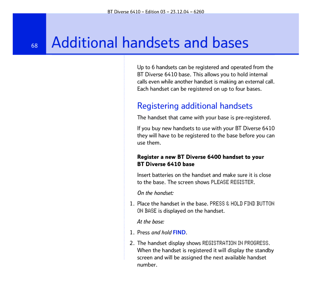 BT BT DIVERSE 6410 manual Additional handsets and bases, Registering additional handsets 