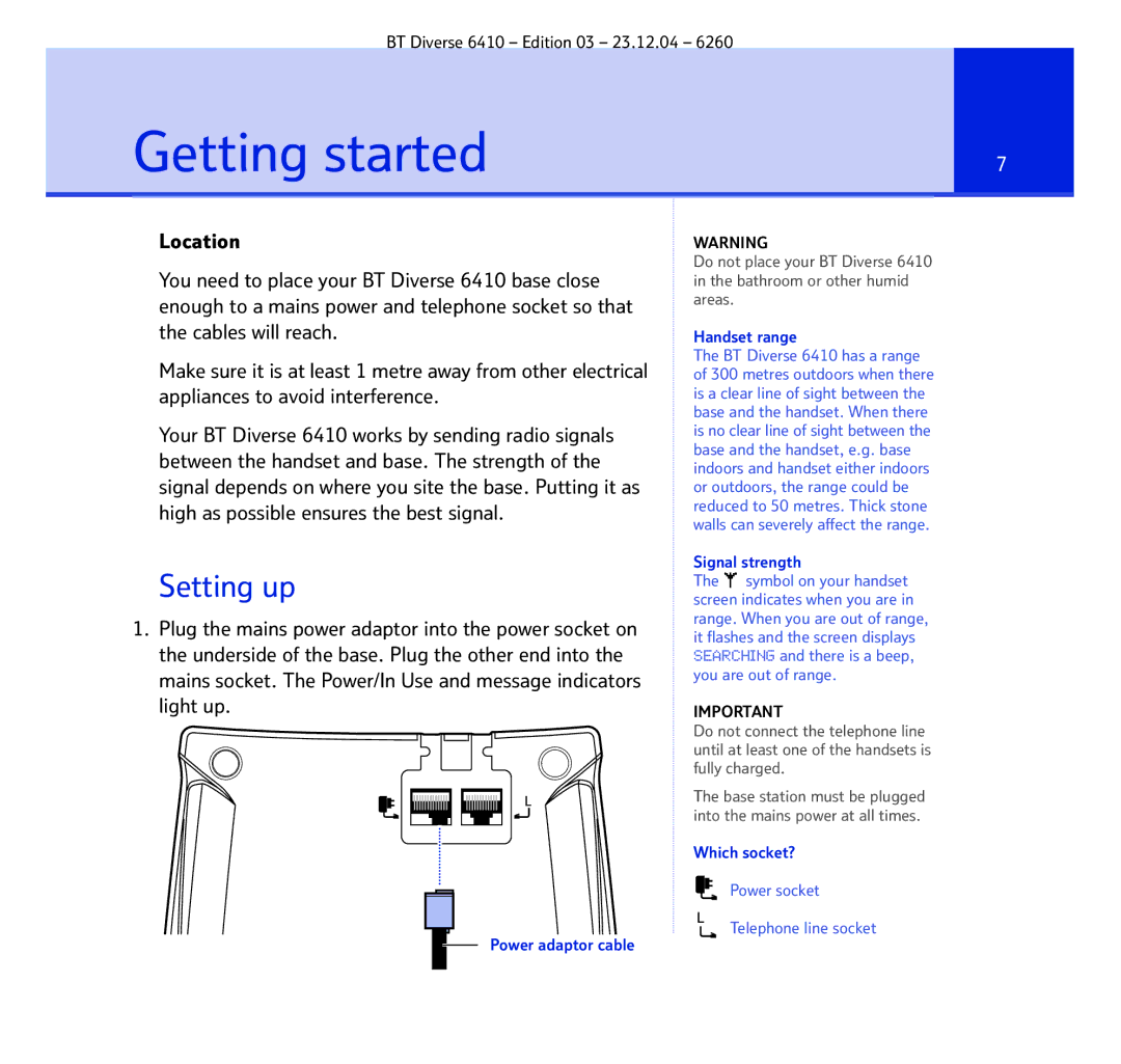 BT BT DIVERSE 6410 manual Getting started, Setting up 