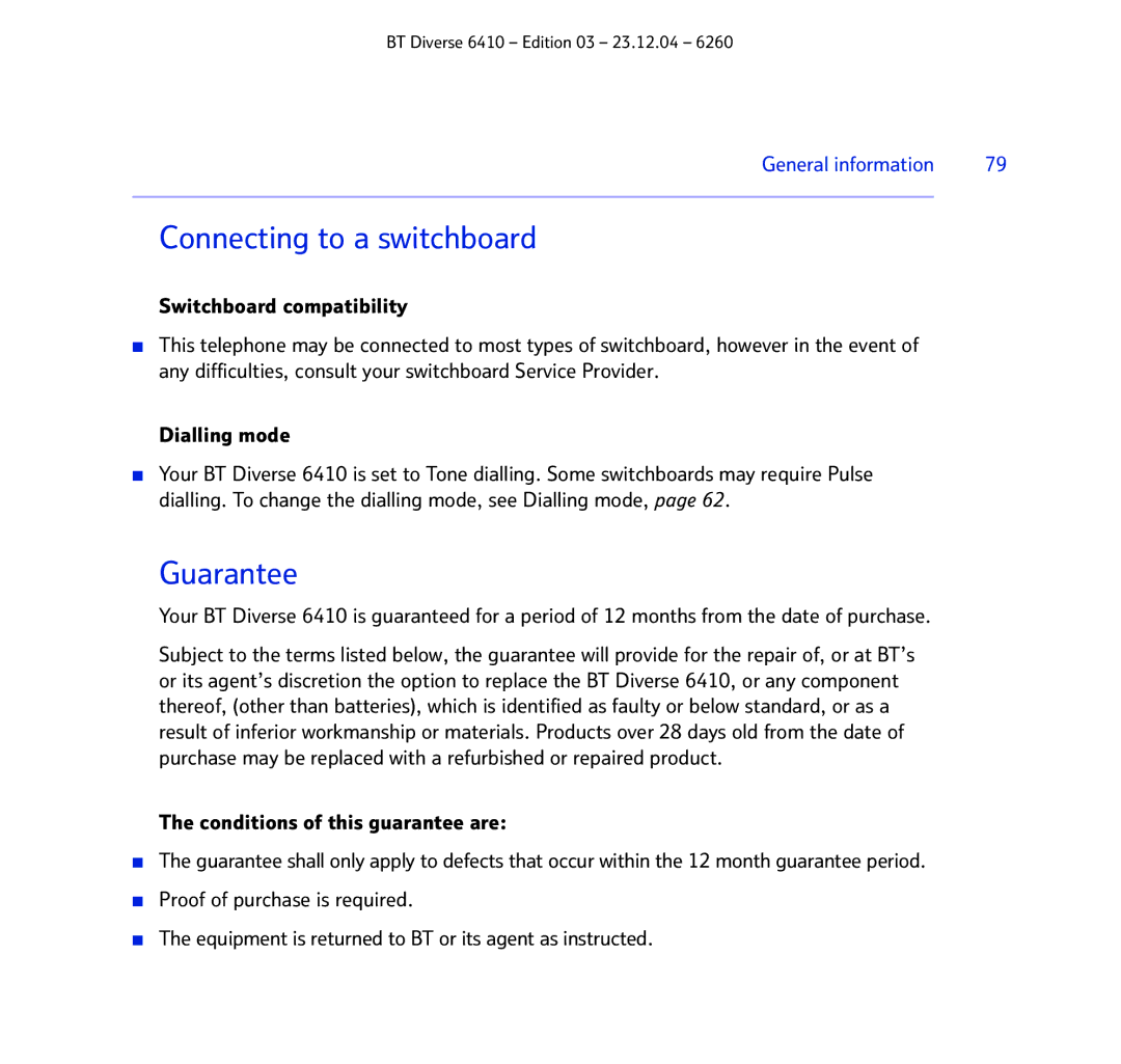 BT BT DIVERSE 6410 manual Connecting to a switchboard, Guarantee 