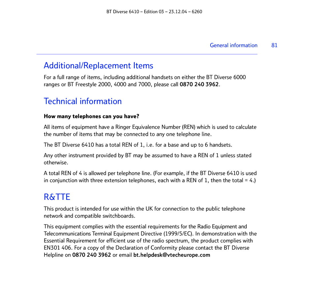 BT BT DIVERSE 6410 manual Additional/Replacement Items, Technical information 