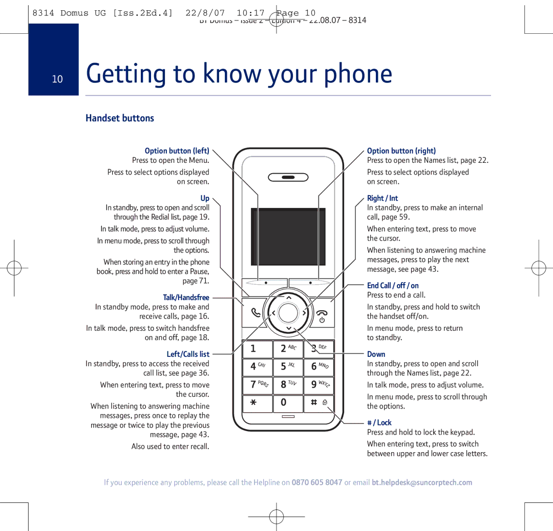 BT BT Domus manual Getting to know your phone, Handset buttons 