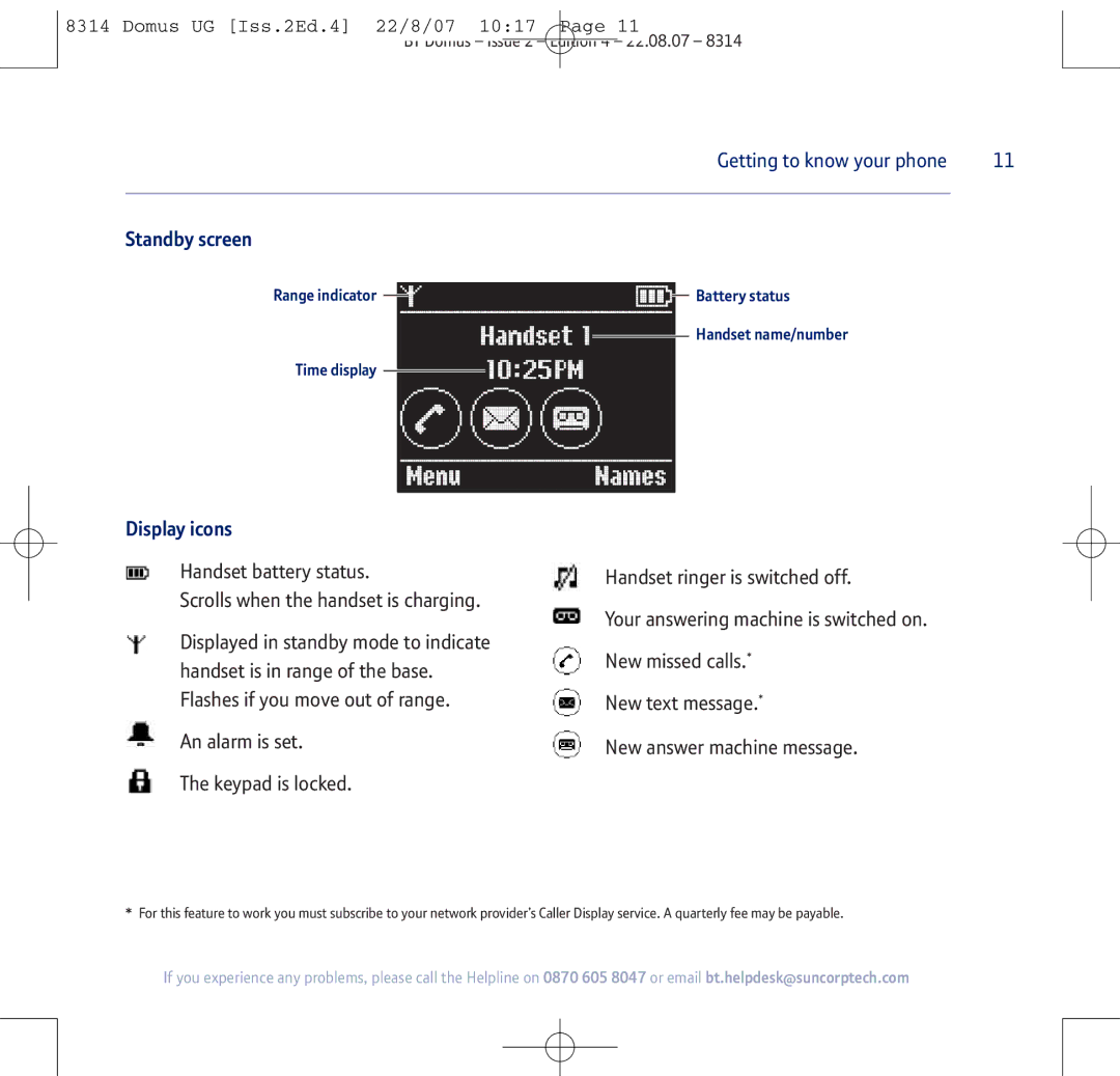 BT BT Domus manual Standby screen, Display icons, Battery status, Time display 