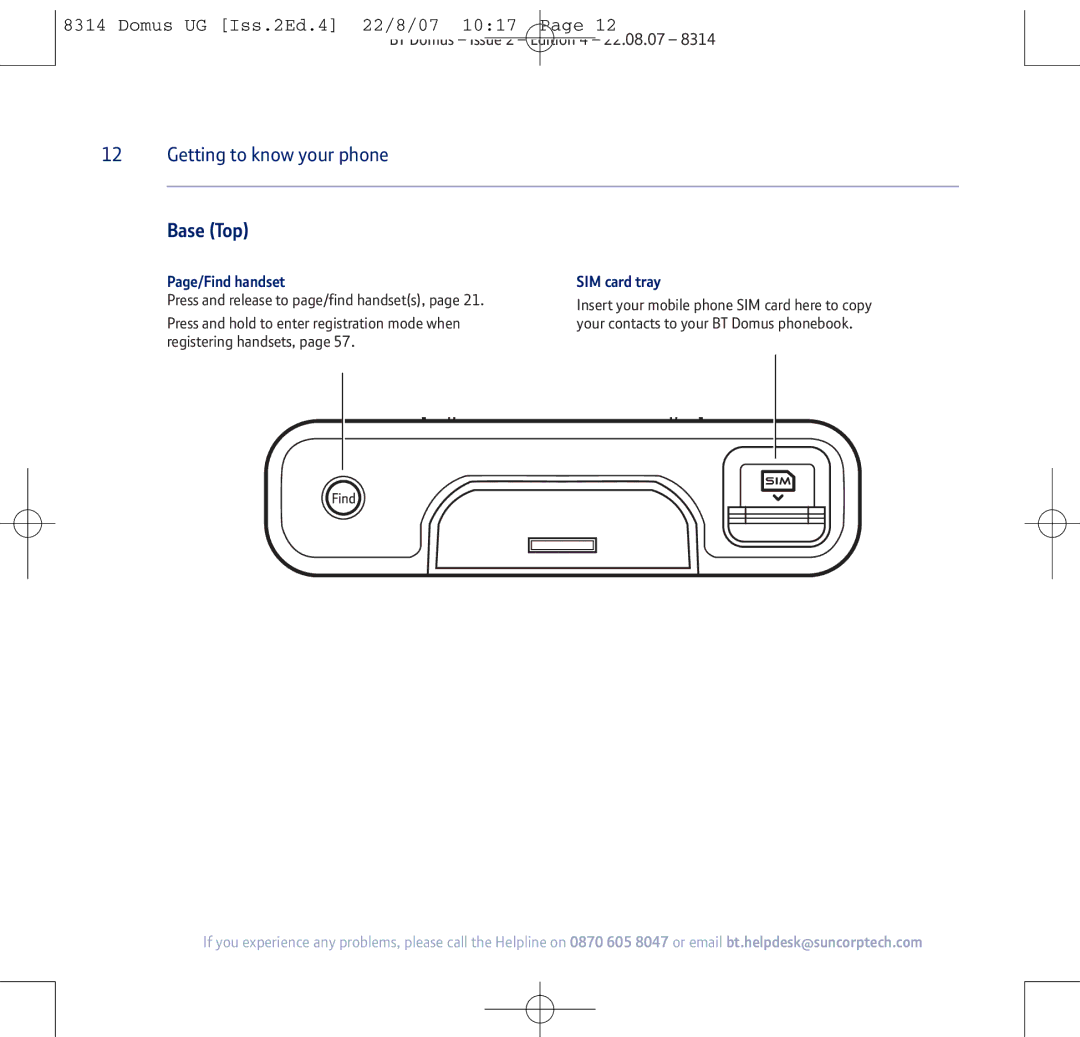 BT BT Domus manual Base Top, Page/Find handset, SIM card tray 