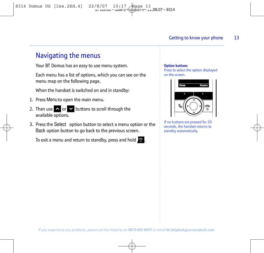 BT BT Domus manual Navigating the menus, Option buttons 