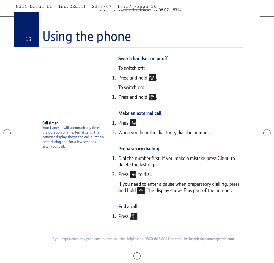 BT BT Domus manual Using the phone, Switch handset on or off, Make an external call, Preparatory dialling, End a call 