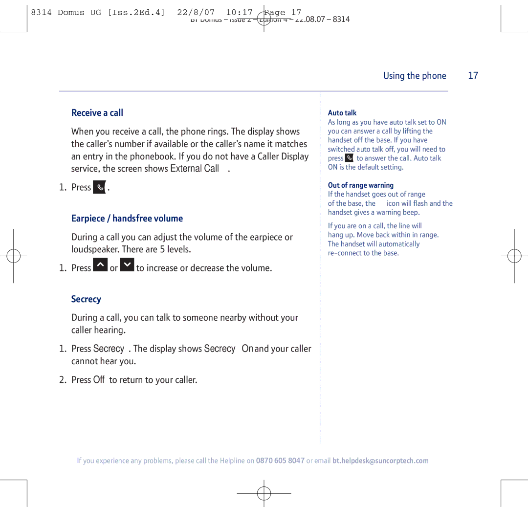 BT BT Domus manual Receive a call, Earpiece / handsfree volume, Secrecy, Auto talk, Out of range warning 
