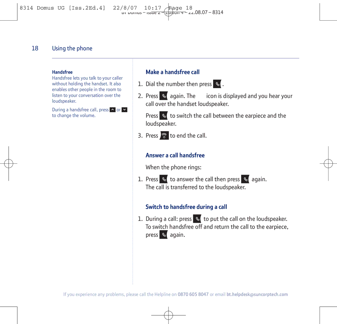 BT BT Domus manual Answer a call handsfree, Switch to handsfree during a call 