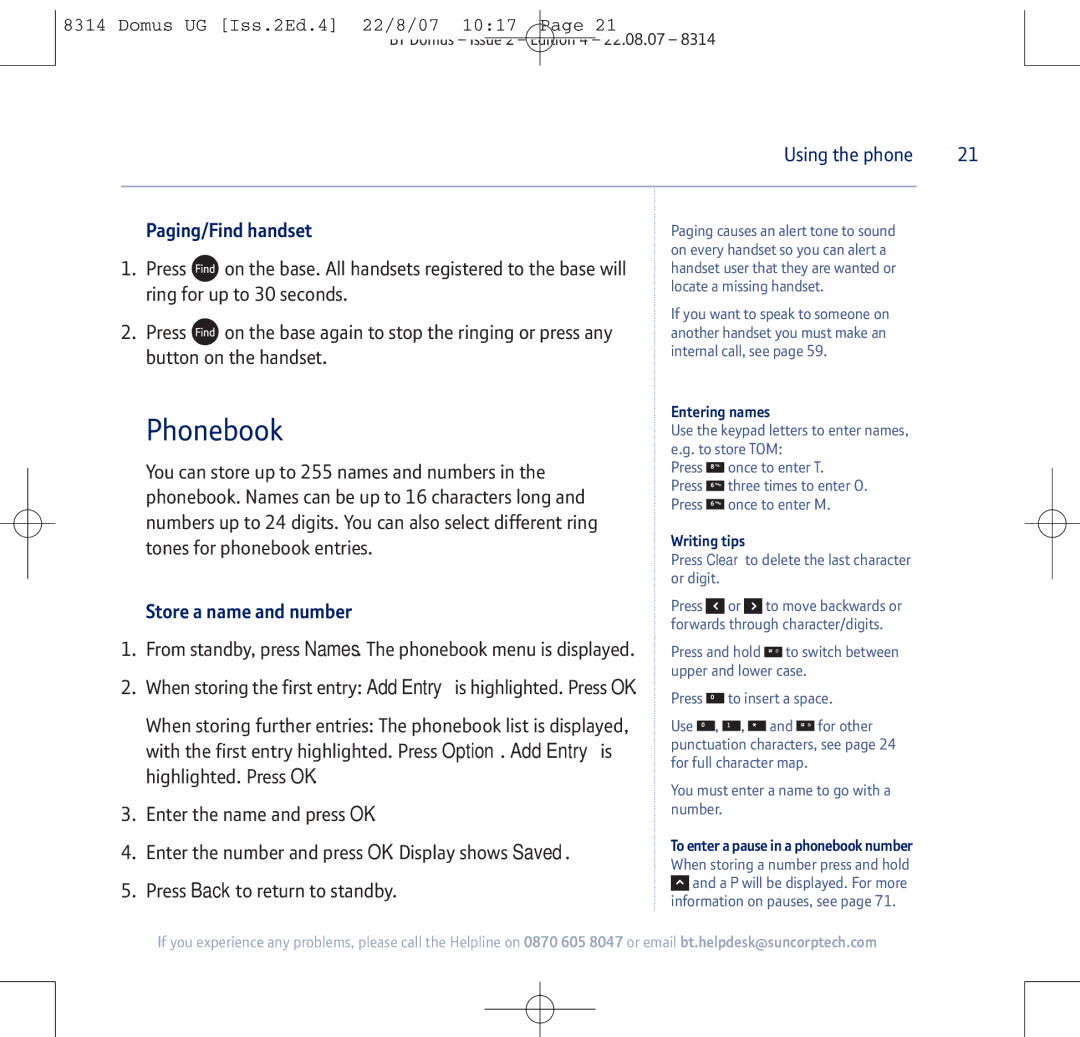 BT BT Domus manual Phonebook, Paging/Find handset, Store a name and number, Entering names, Writing tips 