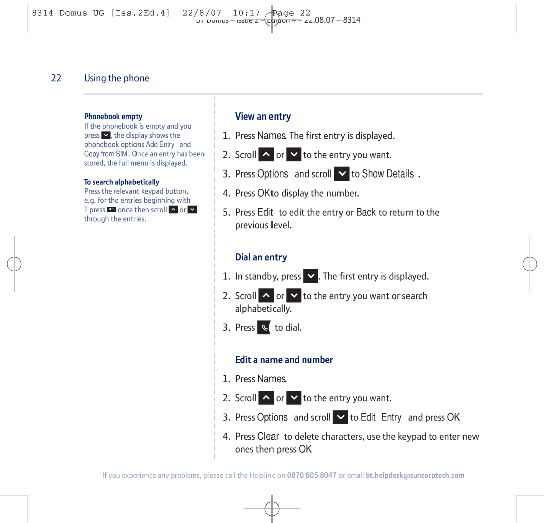 BT BT Domus manual View an entry, Dial an entry, Edit a name and number, Phonebook empty, To search alphabetically 