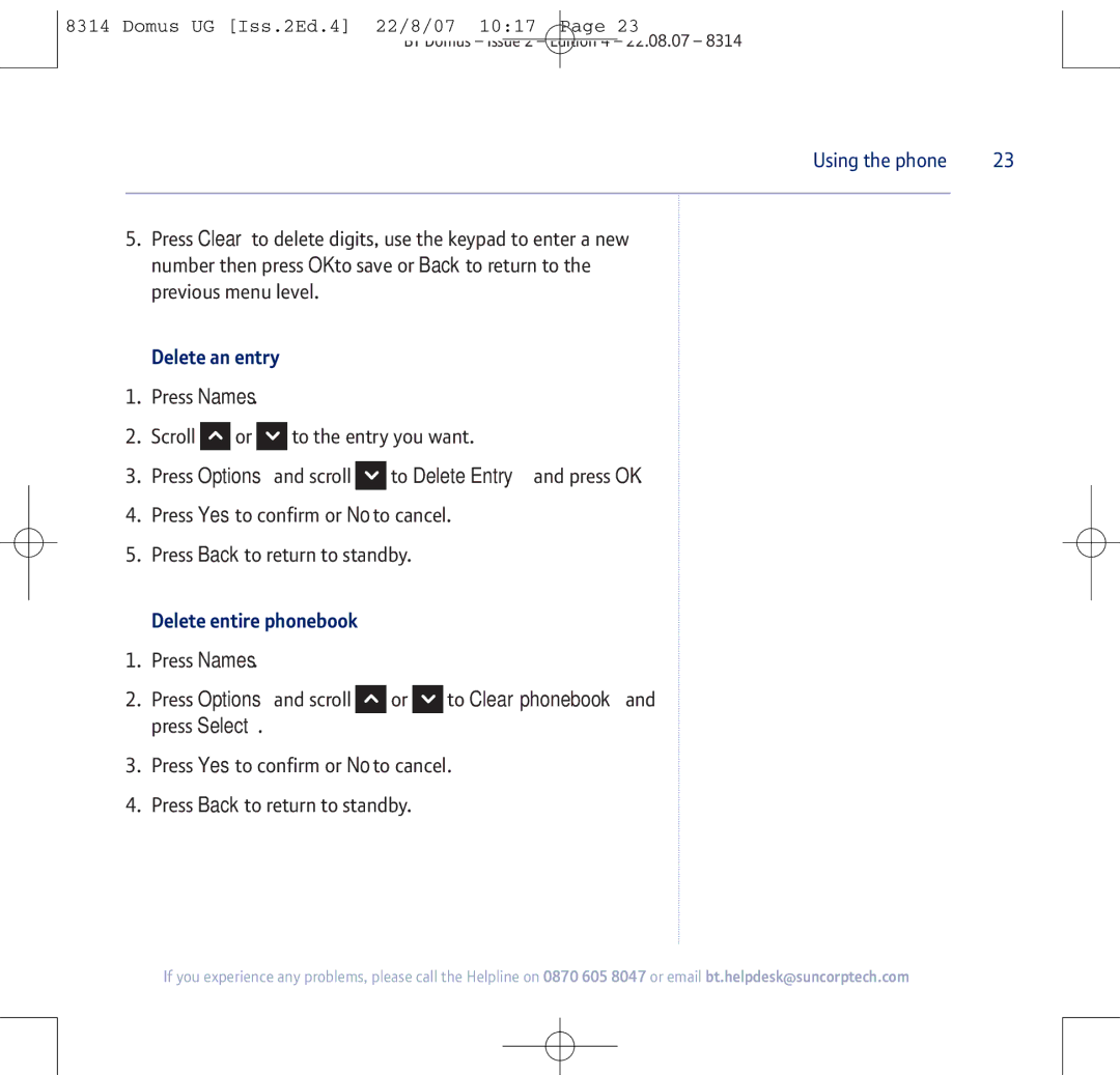 BT BT Domus manual Delete an entry, Delete entire phonebook 