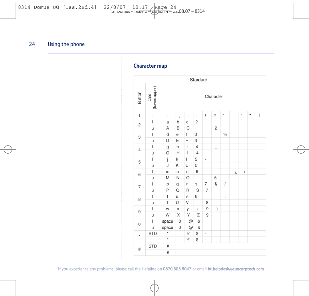 BT BT Domus manual Character map, Standard 