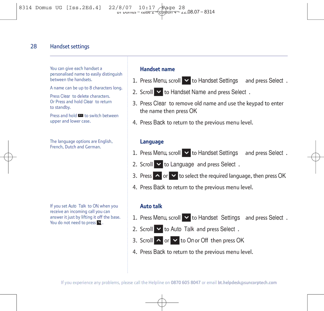 BT BT Domus manual To Handset Name and press Select, To Language and press Select, Auto talk 