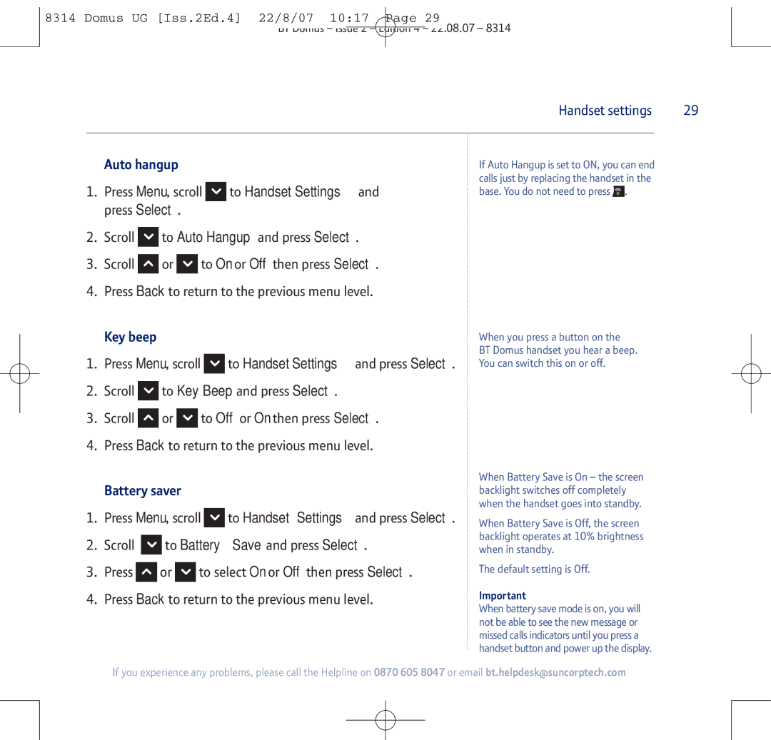 BT BT Domus manual To Handset Settings, Auto hangup, Key beep, Press Scroll, Battery saver 