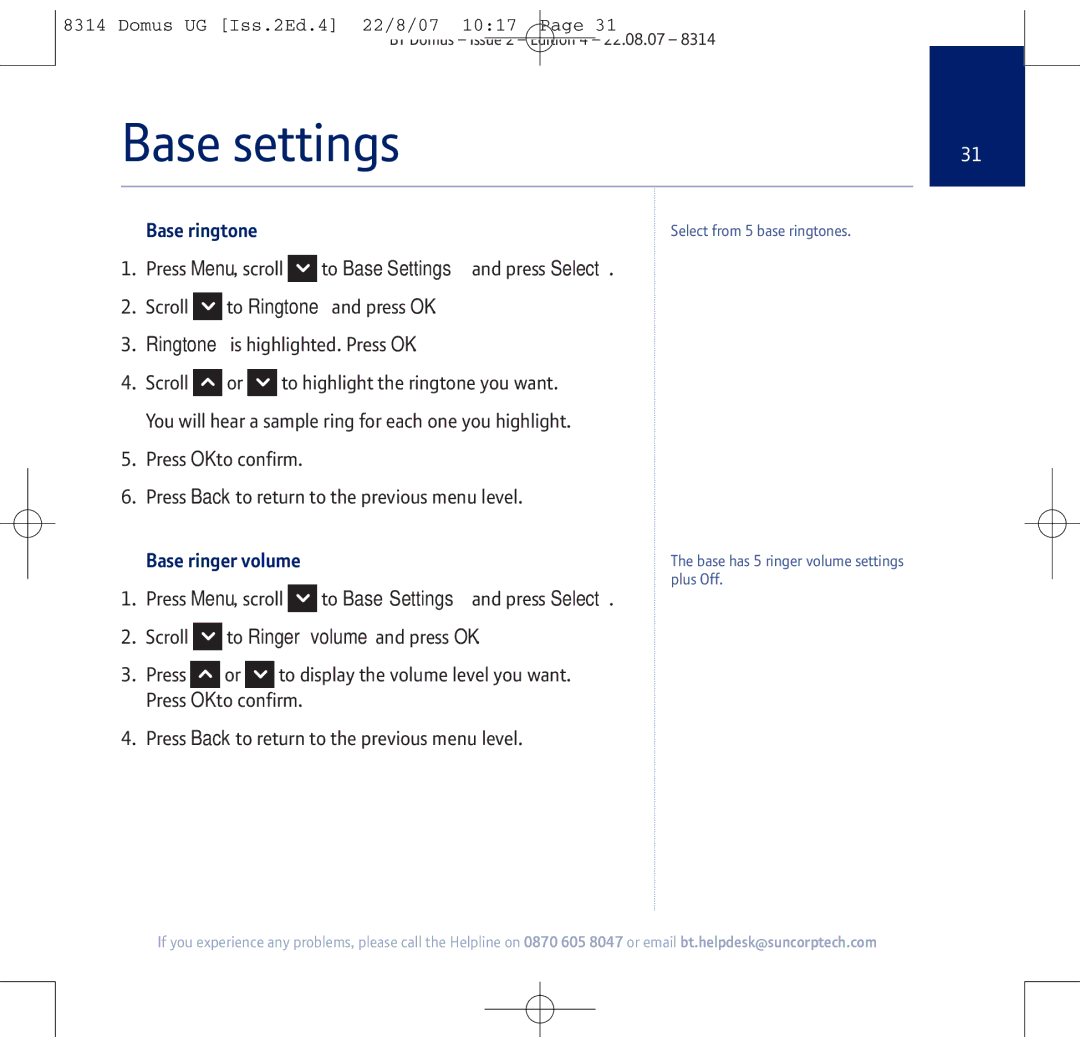 BT BT Domus manual Base settings, Base ringtone, Base ringer volume 