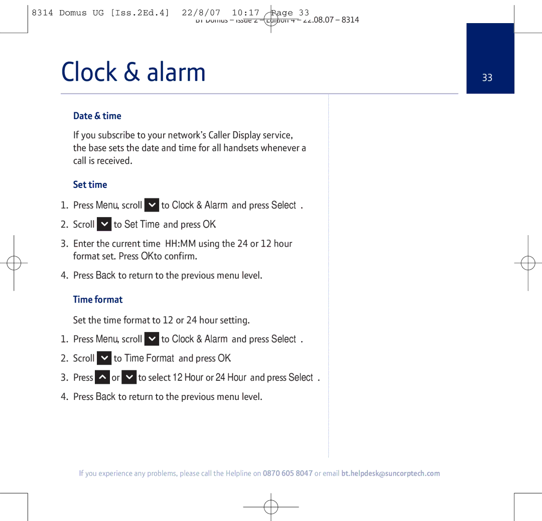 BT BT Domus manual Clock & alarm, Date & time, Set time, Time format 