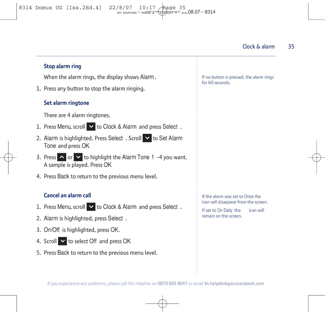 BT BT Domus manual Stop alarm ring, Set alarm ringtone, Cancel an alarm call 